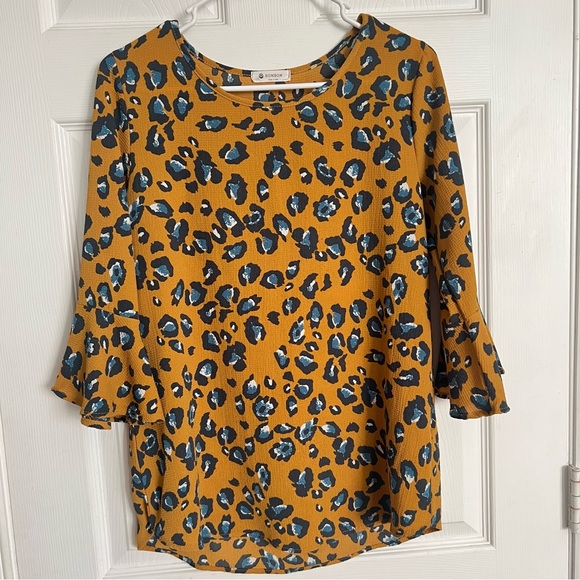 BOMBOM | Mustard Yellow, Blue Bell Sleeve Animal Print Top - Picture 6 of 6